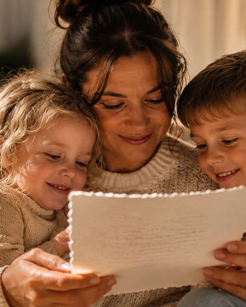 A mother and her two young children reading a handmade-paper letter together