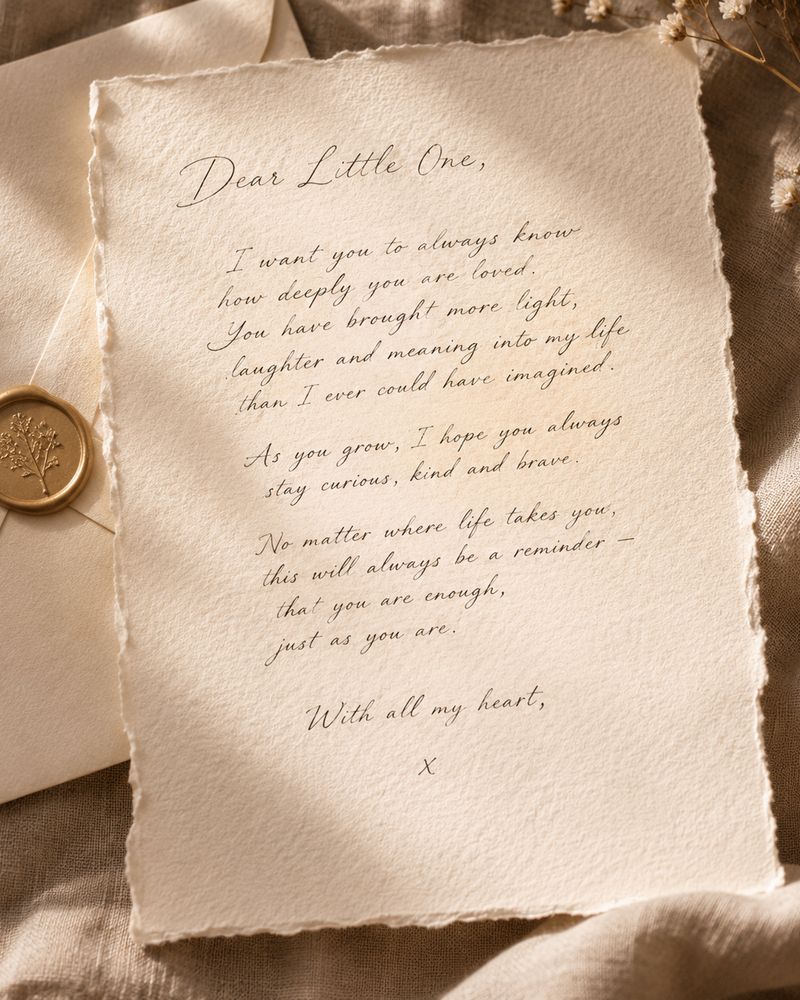 A handwritten letter beginning Dear Little One beside an envelope with a gold wax seal