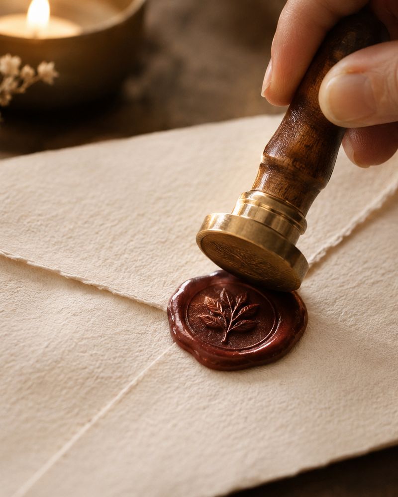 A hand pressing a brass stamp into an oxblood wax seal on a handmade-paper envelope